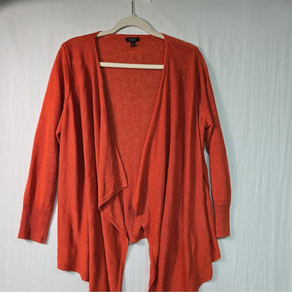 Talbots Women's 1X P Linen Open Front Waterfall Cardigan Dark Orange Fall